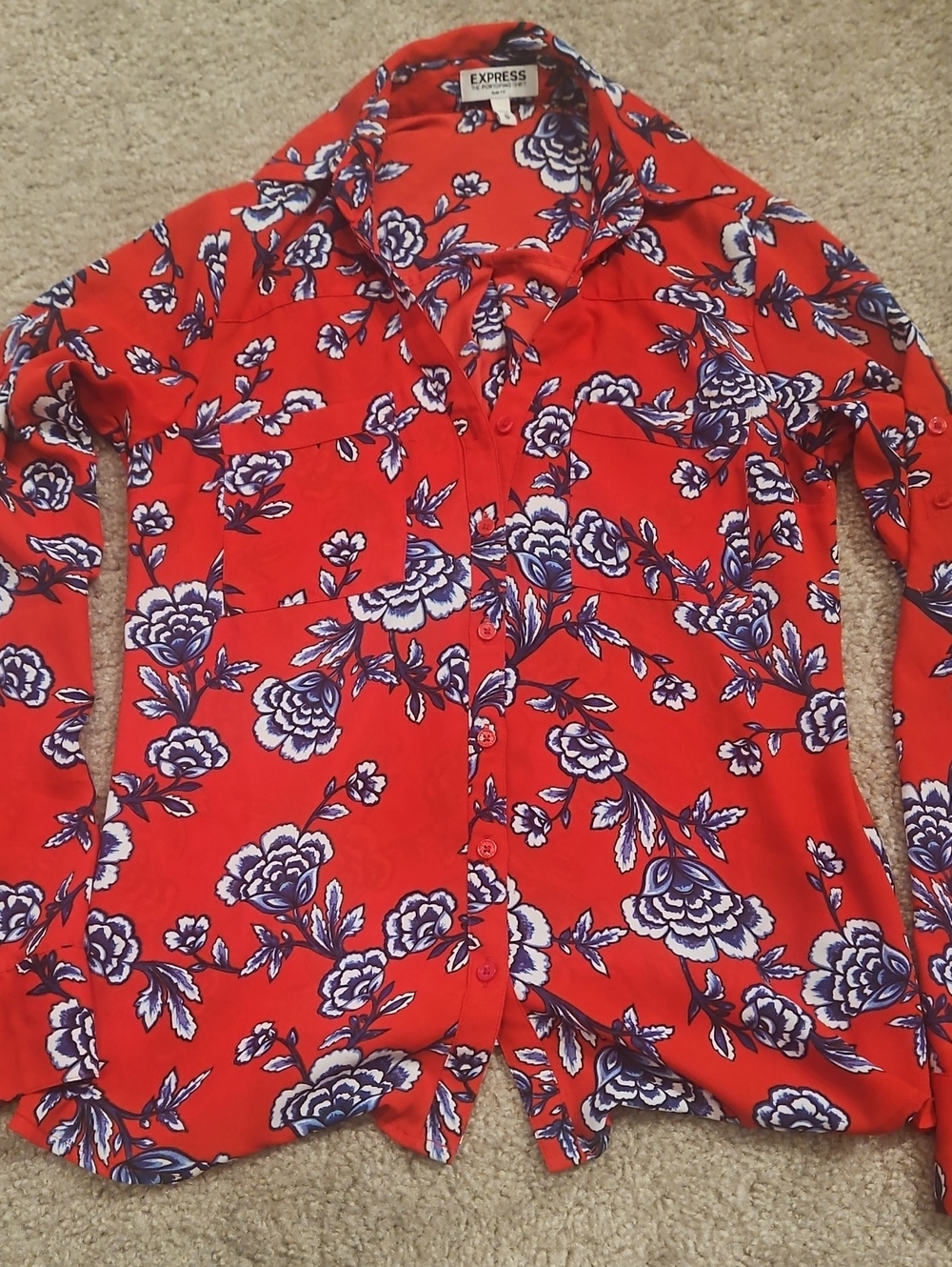 Express Red Floral Button-Up Blouse